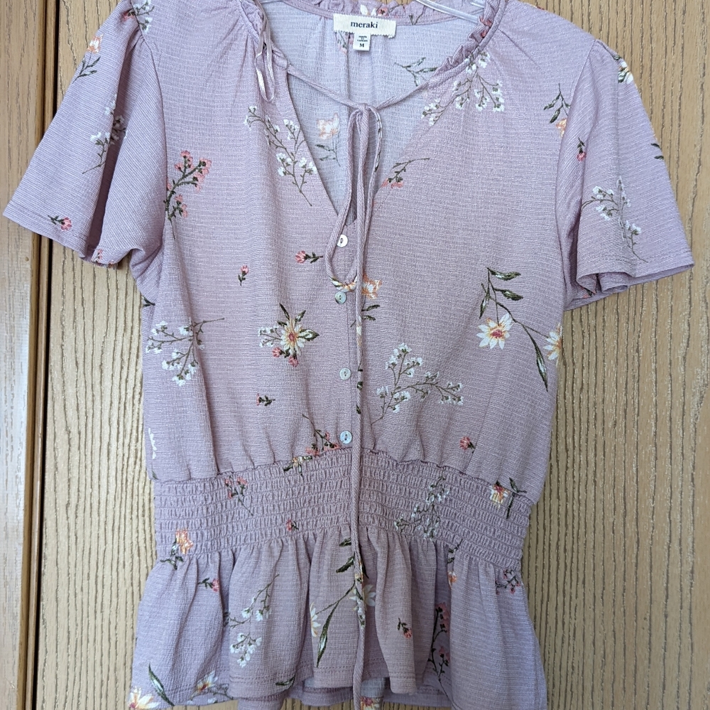 meraki flutter sleeve peplum top, M, lavendar